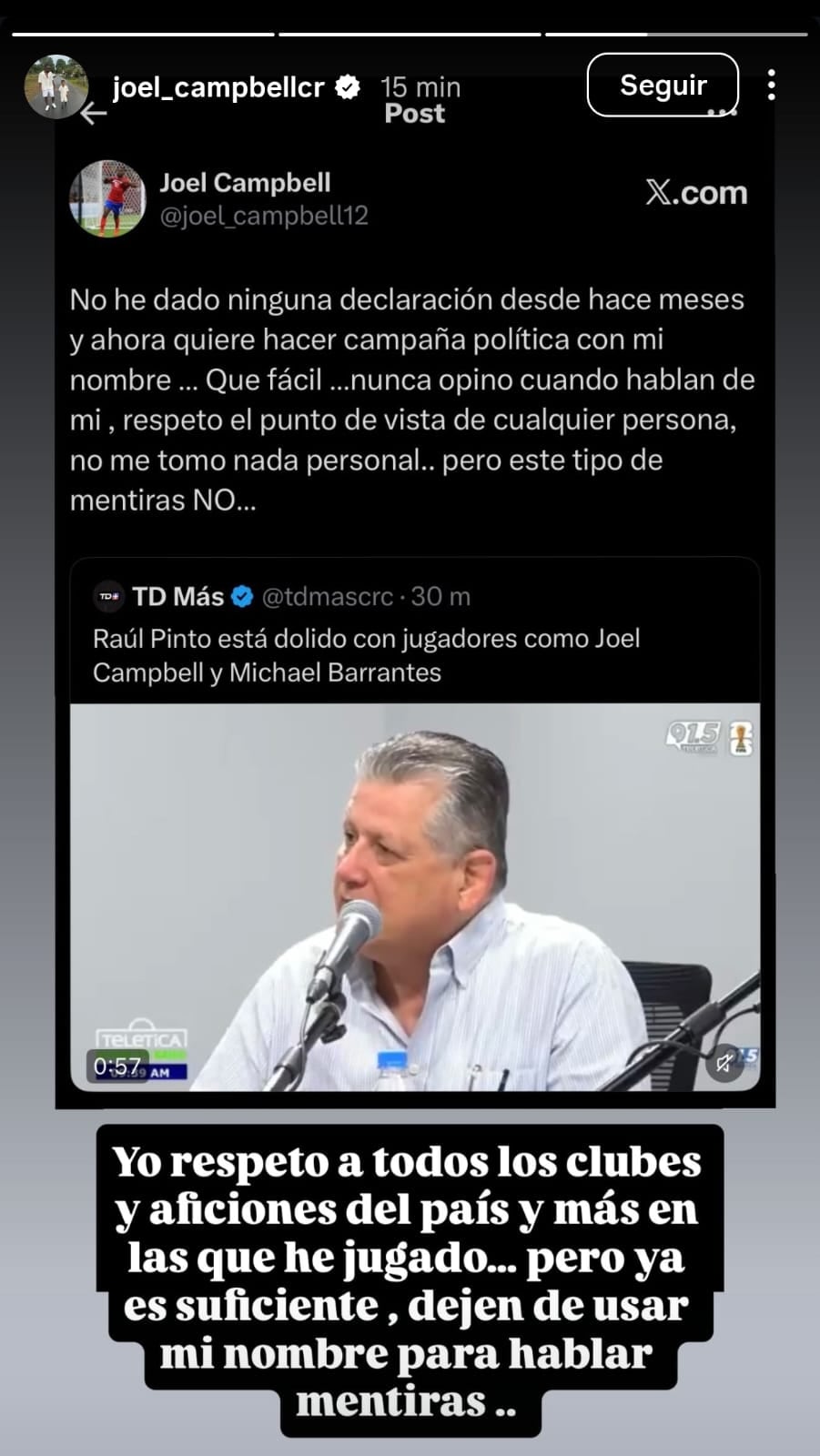 Joel Campbell le respondió a Raúl Pinto por medio de sus redes sociales. Captura de pantalla.