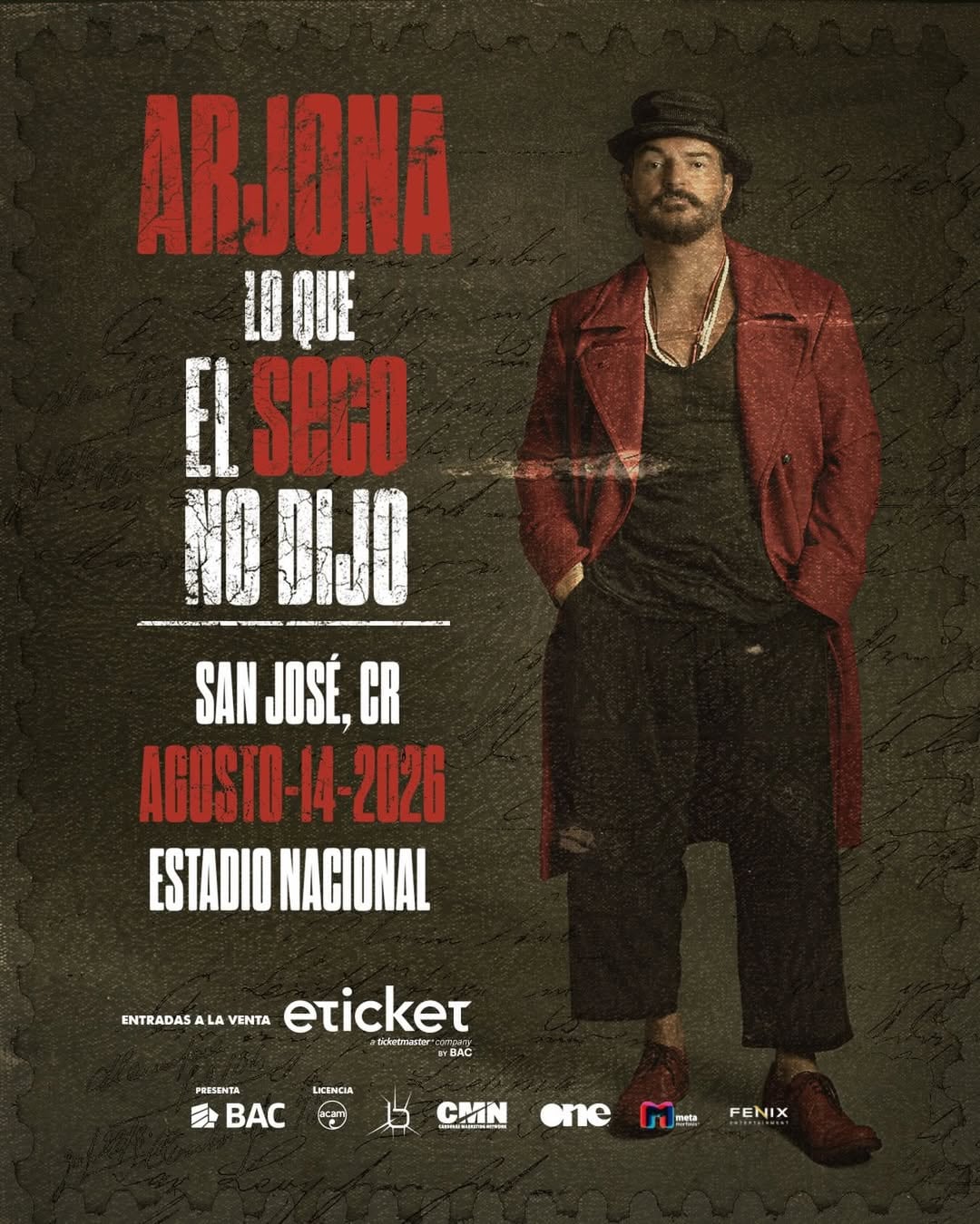 Ricardo Arjona confirma concierto en Costa Rica para el 14 de agosto de 2026.