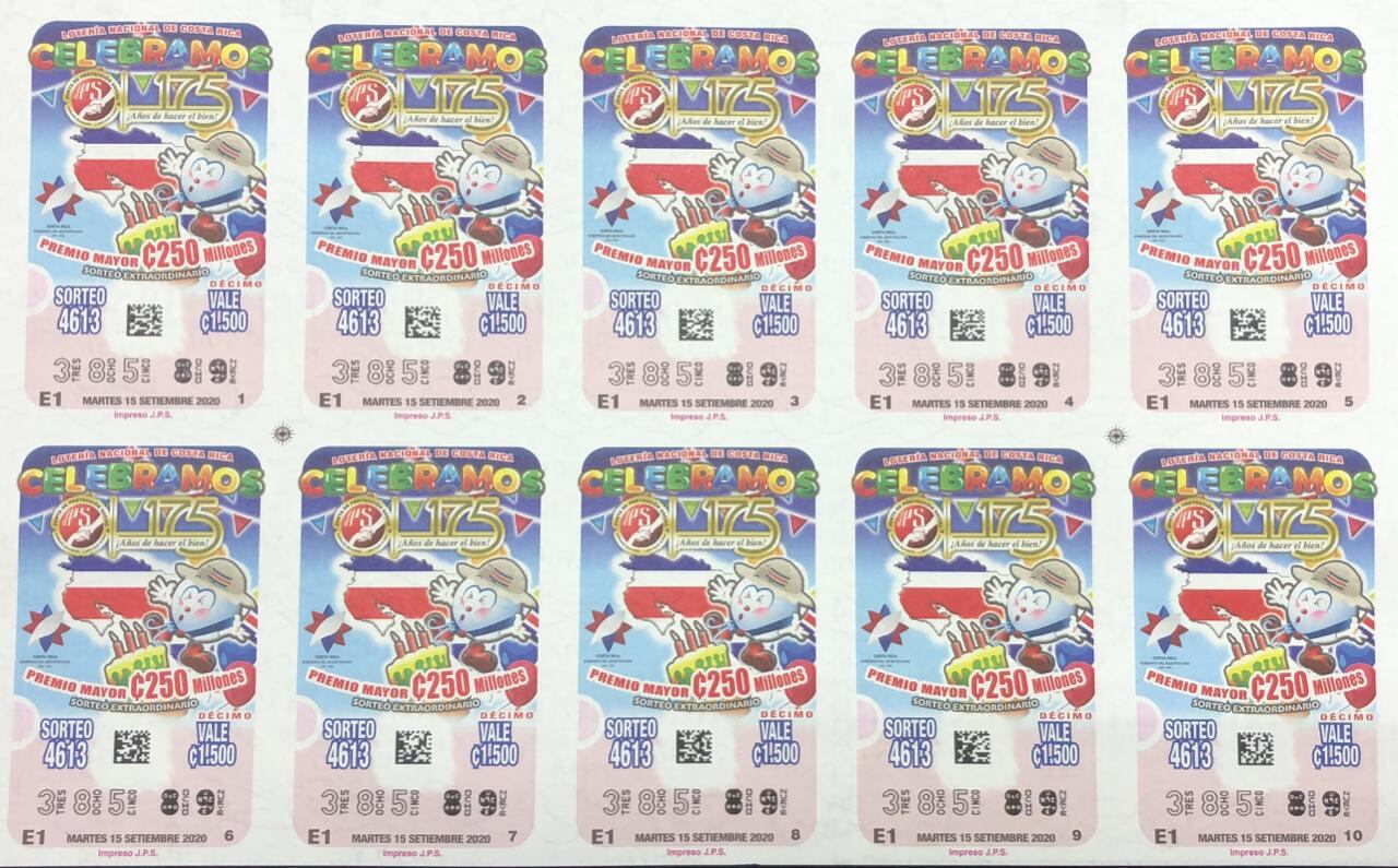 La Junta de Protección Social confirmó que para el sorteo extraordinario del 15 de setiembre el premio mayor será de 250 millones de colones, el segundo premio de ₡60 millones y el tercero de ₡25 millones.