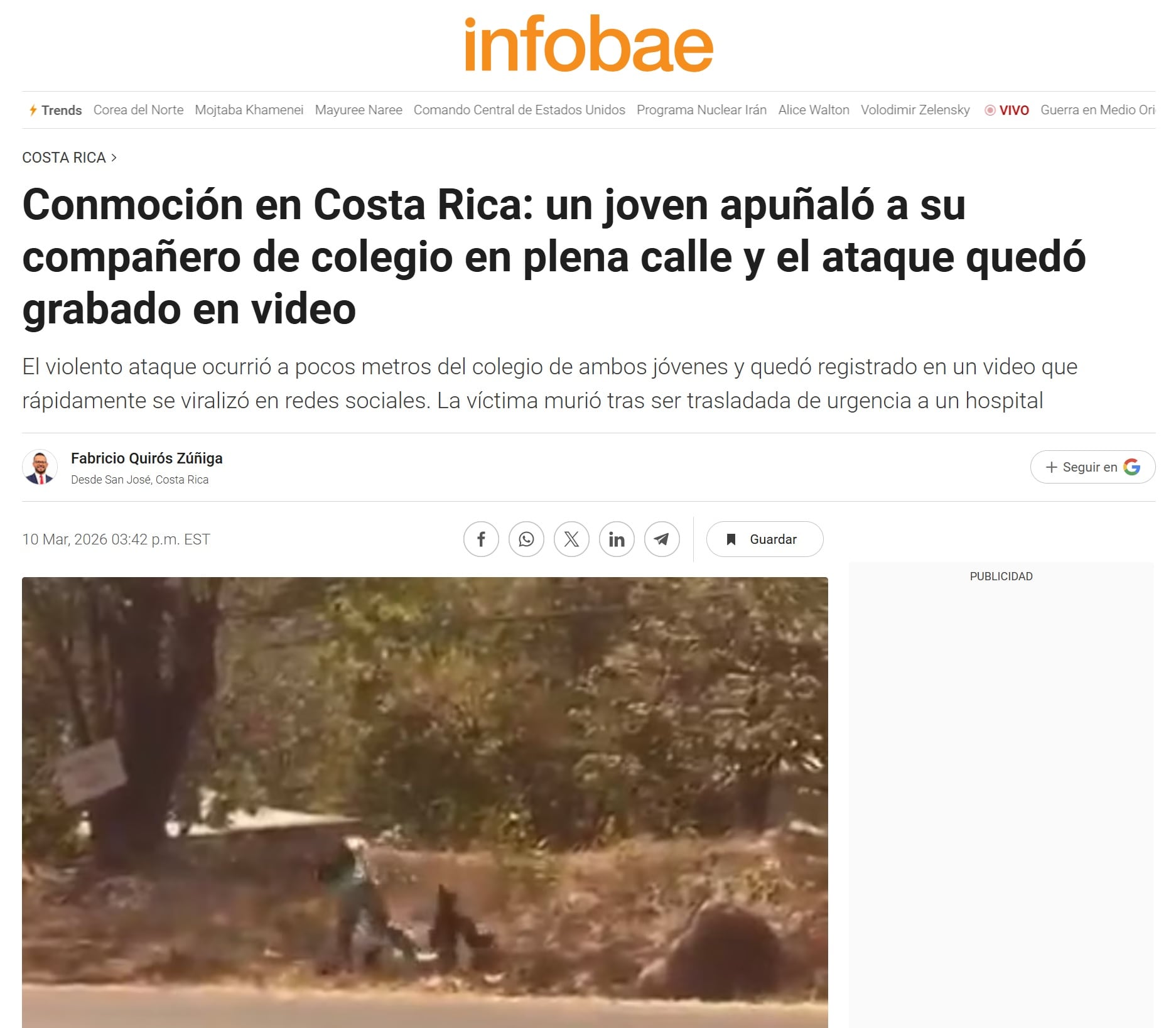 El medio internacional Infobae también dio a conocer la noticia sobre el homicidio de Liann Rivas. Captura de pantalla.