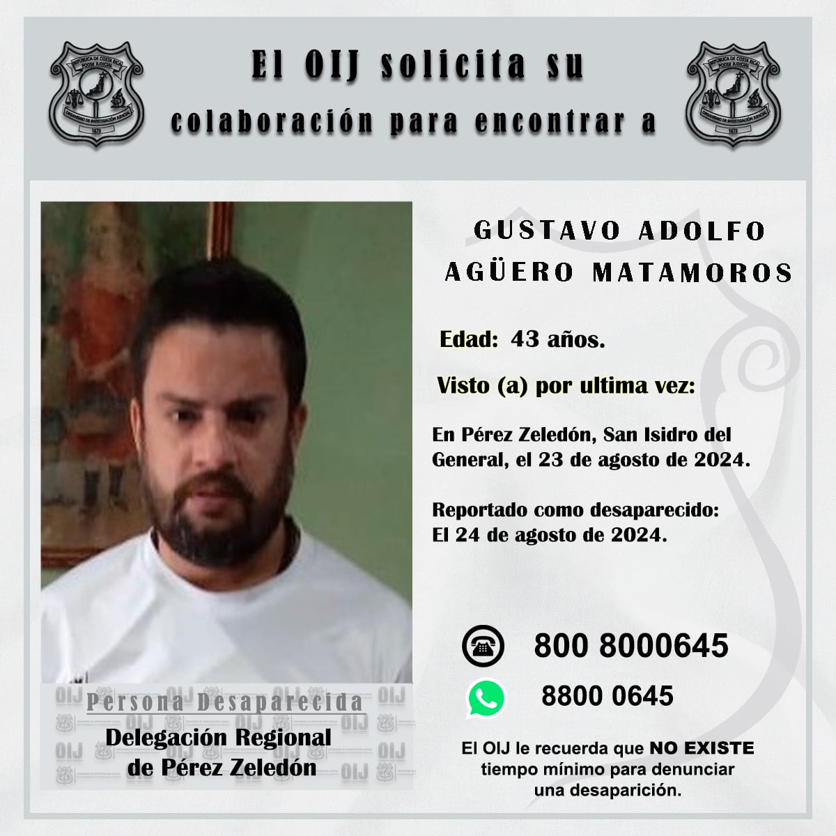 Gustavo Adolfo Agüero Matamoros, de 43 años, conocido como Pato es un taxista informal del que se desconoce su paradero desde el viernes 23 de agosto anterior. Foto: OIJ