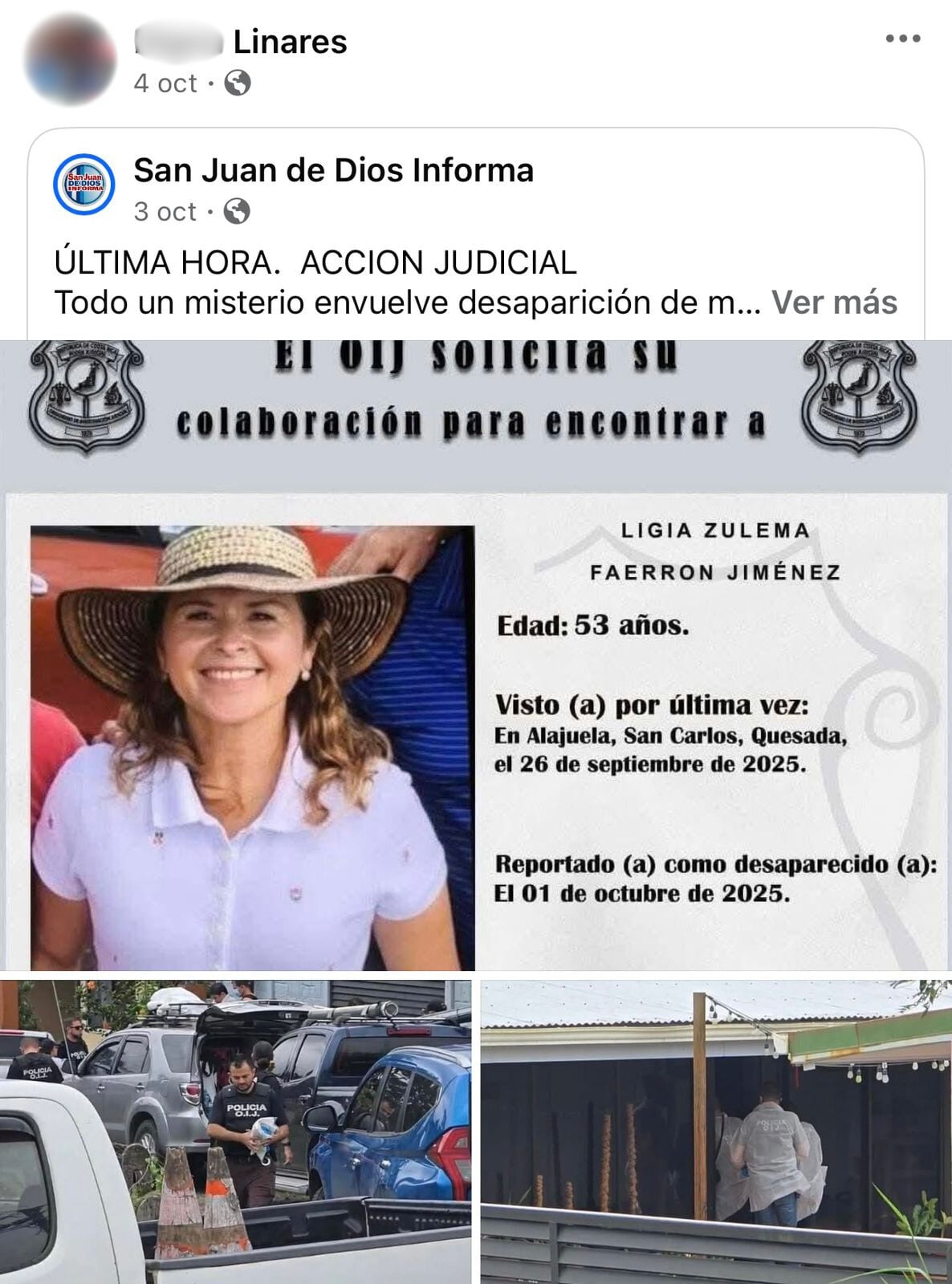Una de las sospechosas por la desaparición de Ligia Zulema Faerron Jiménez, de 53 años, realizó al menos seis publicaciones en Facebook sobre la desaparición de su conocida. Foto: Captura de Facebook