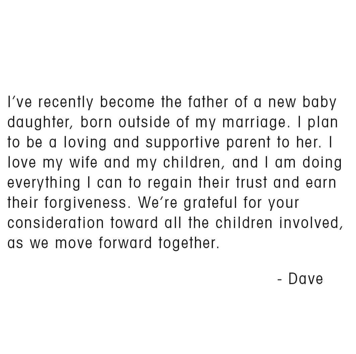 Dave Grohl compartió en sus redes sociales este mensaje, en el que admite tener una hija fuera del matrimonio. Foto tomada de Instagram.