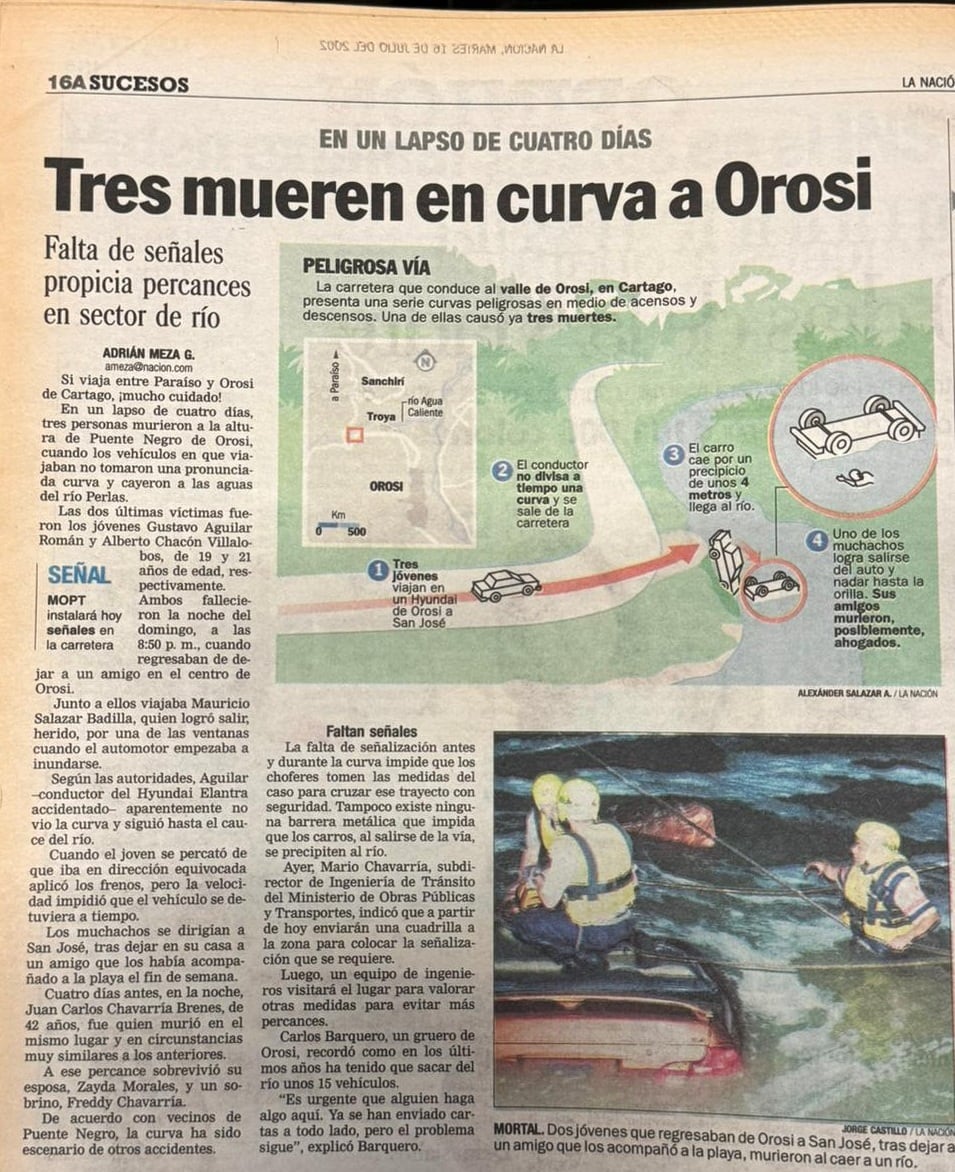 Minor Chacón Villalobos desapareció 24 tras la muerte de su hermano Alberto en un accidente de tránsito en el 2002. La familia buscó a Minor durante casi un cuarto de siglo hasta que en enero del 2026 apareció en la indigencia. Nota del accidente donde murió Alberto publicada en La Nación el 16 de julio del 2002.
