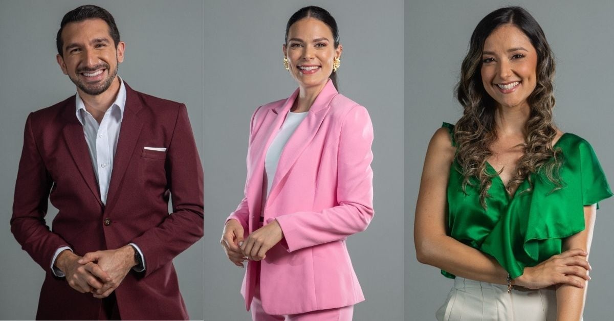 Retrato de Jenifer Segura, Juan Carlos Zumbado y Mariela Montero, presentadores de canal 7, quienes participarán en la cobertura del Desfile de las Rosas 2025.
