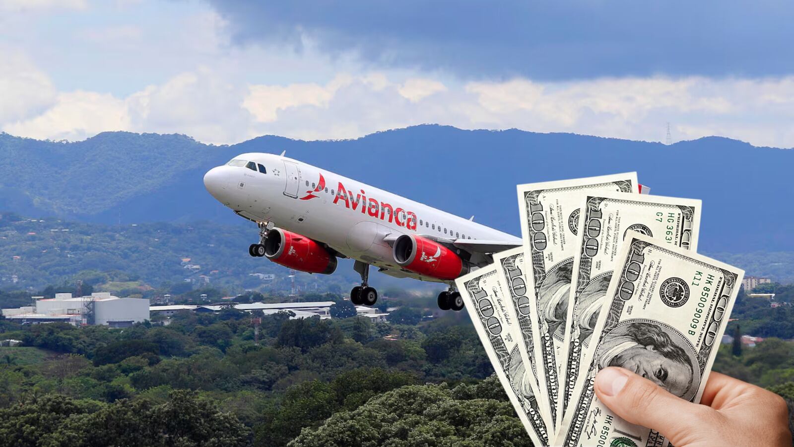 Avión de Avianca despegando, con billetes de dólares en primer plano, representando la apertura de la nueva ruta entre San José y Managua y el costo de los boletos.