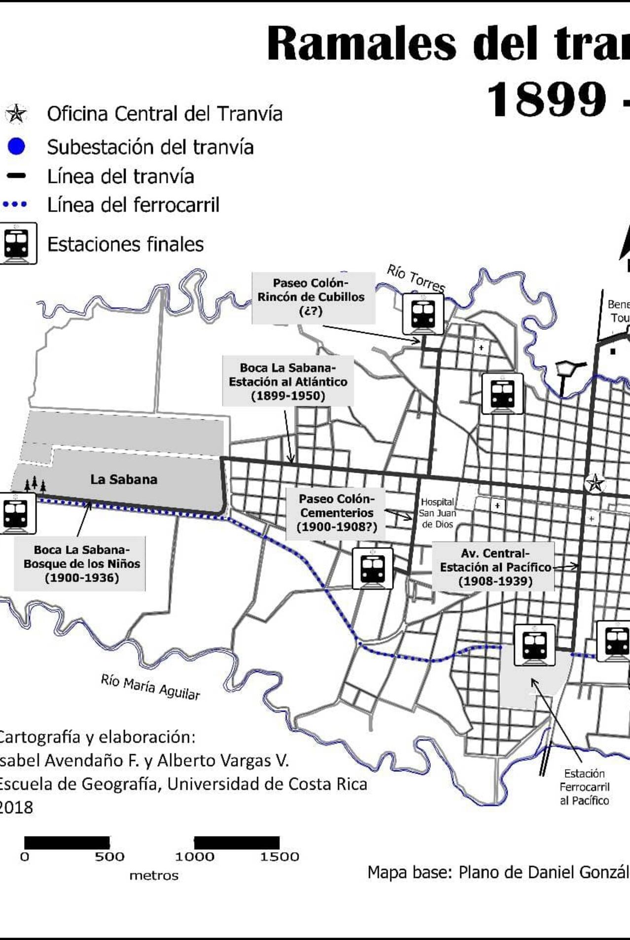 Este mapa muestra los ramales del tranvía de San José (1899-1950).
