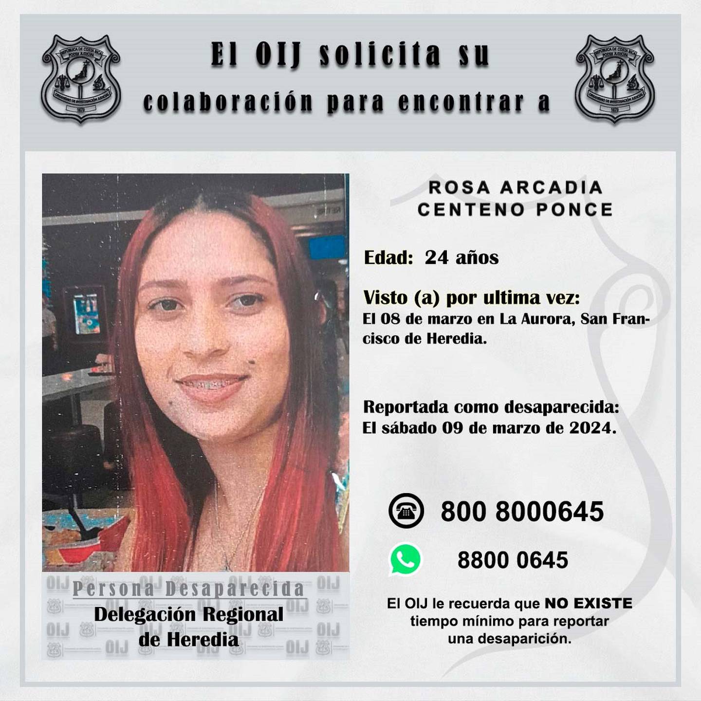 Rosa Arcadia Centeno Ponce, de 24 años, fue vista por última vez el viernes 8 de marzo anterior y desde entonces se desconoce su paradero. Foto: OIJ