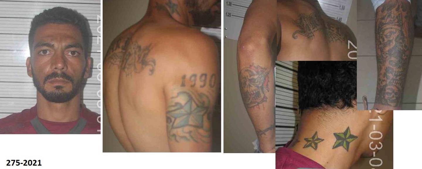 El sujeto es alto, delgado y tiene tatuajes en varias partes del cuerpo. El OIJ distribuyó esta foto para que la ciudadanía colabore llamando al 800 8000 645 si lo ve. Foto: OIJ
