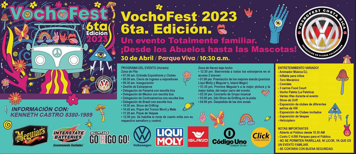 El próximo domingo 30 de abril, en el Parque Viva, en La Guácima de Alajuela, se vivirá la sexta edición del Vochofest 2023, el cual inicia a las 9:30 de la mañana y finaliza a las 4 de la tarde.
